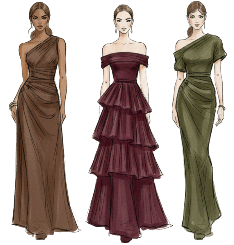 Ladies' attire inspiration - elegant gowns in earth tones